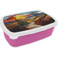 MuchoWow Broodtrommel Roze - Lunchbox Mozaïek - Zon - Landschap - Dorp - Brooddoos 18x12x6 cm - Brood lunch box - Broodtrommels voor kinderen en volwassenen