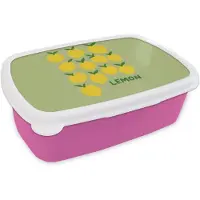 MuchoWow Broodtrommel Roze - Lunchbox Citroenen - Blaadjes - Geel - Patroon - Brooddoos 18x12x6 cm - Brood lunch box - Broodtrommels voor kinderen en volwassenen