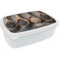 MuchoWow Broodtrommel Wit - Lunchbox Houten - Lepels - Rijst - Zaden - Brooddoos 18x12x6 cm - Brood lunch box - Broodtrommels voor kinderen en volwassenen