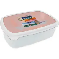 MuchoWow Broodtrommel Wit - Lunchbox Boeken - Stapel - Kleurrijk - Brooddoos 18x12x6 cm - Brood lunch box - Broodtrommels voor kinderen en volwassenen