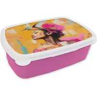 MuchoWow Broodtrommel Roze - Lunchbox Vogel - Vrouw - Abstract - Bloem - Brooddoos 18x12x6 cm - Brood lunch box - Broodtrommels voor kinderen en volwassenen