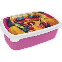 MuchoWow Broodtrommel Roze - Lunchbox Zonnebril - Roze - Vrouw - Rietje - Brooddoos 18x12x6 cm - Brood lunch box - Broodtrommels voor kinderen en volwassenen