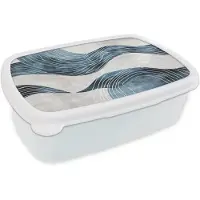 MuchoWow Broodtrommel Wit - Lunchbox Lijnen - Golven - Abstract - Blauw - Brooddoos 18x12x6 cm - Brood lunch box - Broodtrommels voor kinderen en volwassenen