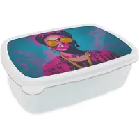MuchoWow Broodtrommel Wit - Lunchbox Vrouw - Kauwgom - Zonnebril - Oranje - Brooddoos 18x12x6 cm - Brood lunch box - Broodtrommels voor kinderen en volwassenen