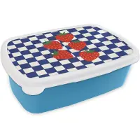 MuchoWow Broodtrommel Blauw - Lunchbox Geblokt - Blauw - Aardbeien - Brooddoos 18x12x6 cm - Brood lunch box - Broodtrommels voor kinderen en volwassenen