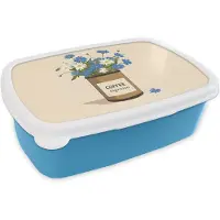 MuchoWow Broodtrommel Blauw - Lunchbox Coffee - Blik - Minimalistisch - Bloemen - Brooddoos 18x12x6 cm - Brood lunch box - Broodtrommels voor kinderen en volwassenen