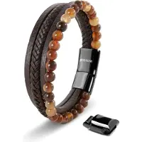 SERASAR Premium Echt Lederen Armband voor Heren [Stone] in Bruin | Natuursteen Kralen | 23cm | Roestvrijstalen Magnetische Sluiting | Inclusief Sieradendoos