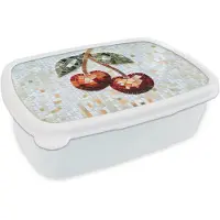 MuchoWow Broodtrommel Wit - Lunchbox Kersen - Rood - Mozaïek - Blaadjes - Brooddoos 18x12x6 cm - Brood lunch box - Broodtrommels voor kinderen en volwassenen