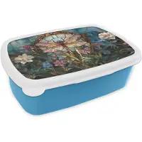 MuchoWow Broodtrommel Blauw - Lunchbox Libelle - Mozaïek - Bloemen - Kleurrijk - Brooddoos 18x12x6 cm - Brood lunch box - Broodtrommels voor kinderen en volwassenen