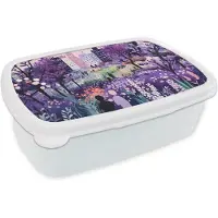 MuchoWow Broodtrommel Wit - Lunchbox Park - Bomen - Bloemen - Gebouwen - Brooddoos 18x12x6 cm - Brood lunch box - Broodtrommels voor kinderen en volwassenen
