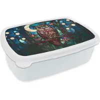 MuchoWow Broodtrommel Wit - Lunchbox Uil - Mozaïek - Maan - Nacht - Brooddoos 18x12x6 cm - Brood lunch box - Broodtrommels voor kinderen en volwassenen