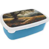 MuchoWow Broodtrommel Blauw - Lunchbox Bankje - Boom - Klaprozen - Heuvels - Brooddoos 18x12x6 cm - Brood lunch box - Broodtrommels voor kinderen en volwassenen