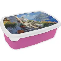 MuchoWow Broodtrommel Roze - Lunchbox Trap - Huizen - Berglandschap - Zee - Brooddoos 18x12x6 cm - Brood lunch box - Broodtrommels voor kinderen en volwassenen