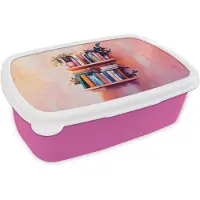 MuchoWow Broodtrommel Roze - Lunchbox Planken - Boeken - Bladeren - Brooddoos 18x12x6 cm - Brood lunch box - Broodtrommels voor kinderen en volwassenen