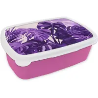 MuchoWow Broodtrommel Roze - Lunchbox Bladeren - Paars - Tropisch - Abstract - Brooddoos 18x12x6 cm - Brood lunch box - Broodtrommels voor kinderen en volwassenen