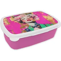 MuchoWow Broodtrommel Roze - Lunchbox Bloemenkroon - Goud - Vrouw - Portret - Brooddoos 18x12x6 cm - Brood lunch box - Broodtrommels voor kinderen en volwassenen