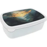 MuchoWow Broodtrommel Wit - Lunchbox Vogels - Zon - Bomen - Groen - Brooddoos 18x12x6 cm - Brood lunch box - Broodtrommels voor kinderen en volwassenen