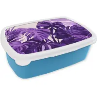 MuchoWow Broodtrommel Blauw - Lunchbox Bladeren - Paars - Tropisch - Abstract - Brooddoos 18x12x6 cm - Brood lunch box - Broodtrommels voor kinderen en volwassenen