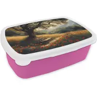 MuchoWow Broodtrommel Roze - Lunchbox Bankje - Boom - Klaprozen - Heuvels - Brooddoos 18x12x6 cm - Brood lunch box - Broodtrommels voor kinderen en volwassenen