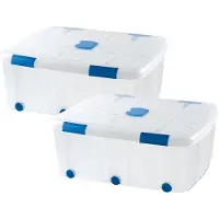 PlasticForte Opslagbox - 2x stuks - met deksel - 100L - 80 x 60 x 33 cm - transparant - opbergbak - met wielen
