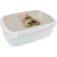 MuchoWow Broodtrommel Wit - Lunchbox Boeken - Stapel - Bloemen - Kleurrijk - Brooddoos 18x12x6 cm - Brood lunch box - Broodtrommels voor kinderen en volwassenen
