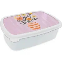 MuchoWow Broodtrommel Wit - Lunchbox Vaas - Gestreept - Bloemen - Oranje - Brooddoos 18x12x6 cm - Brood lunch box - Broodtrommels voor kinderen en volwassenen