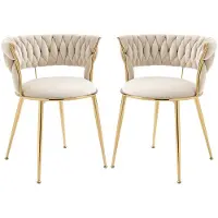 Merax Eetkamerstoelen Set van 2 - Fluwelen Stoelen met Armleuning en Moderne Rugleuning - Comfortabele Gestoffeerde Kuipstoelen met Metalen Poten - Ivoor