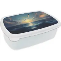 MuchoWow Broodtrommel Wit - Lunchbox Meeuwen - Zee - Wolken -Blauw - Brooddoos 18x12x6 cm - Brood lunch box - Broodtrommels voor kinderen en volwassenen