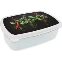 MuchoWow Broodtrommel Wit - Lunchbox Chilipepers - Basilicum - Blaadjes - Rood - Brooddoos 18x12x6 cm - Brood lunch box - Broodtrommels voor kinderen en volwassenen