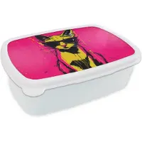 MuchoWow Broodtrommel Wit - Lunchbox Kat - Art - Zonnebril - Roze - Brooddoos 18x12x6 cm - Brood lunch box - Broodtrommels voor kinderen en volwassenen