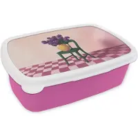 MuchoWow Broodtrommel Roze - Lunchbox Stoel - Vaas - Bloemen - Geblokt - Brooddoos 18x12x6 cm - Brood lunch box - Broodtrommels voor kinderen en volwassenen
