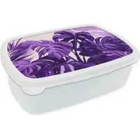 MuchoWow Broodtrommel Wit - Lunchbox Bladeren - Paars - Tropisch - Abstract - Brooddoos 18x12x6 cm - Brood lunch box - Broodtrommels voor kinderen en volwassenen