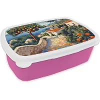 MuchoWow Broodtrommel Roze - Lunchbox Huizen - Mozaïek - Sinaasappelbomen - Zee - Brooddoos 18x12x6 cm - Brood lunch box - Broodtrommels voor kinderen en volwassenen