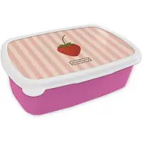 MuchoWow Broodtrommel Roze - Lunchbox Aardbei - Strepen - Minimalistisch - Rood - Brooddoos 18x12x6 cm - Brood lunch box - Broodtrommels voor kinderen en volwassenen