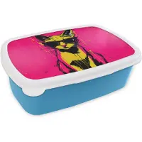 MuchoWow Broodtrommel Blauw - Lunchbox Kat - Art - Zonnebril - Roze - Brooddoos 18x12x6 cm - Brood lunch box - Broodtrommels voor kinderen en volwassenen