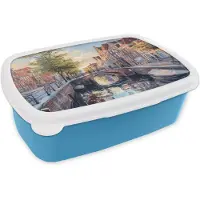 MuchoWow Broodtrommel Blauw - Lunchbox Brug - Stad - Huizen - Boot - Brooddoos 18x12x6 cm - Brood lunch box - Broodtrommels voor kinderen en volwassenen