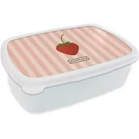 MuchoWow Broodtrommel Wit - Lunchbox Aardbei - Strepen - Minimalistisch - Rood - Brooddoos 18x12x6 cm - Brood lunch box - Broodtrommels voor kinderen en volwassenen