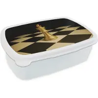 MuchoWow Broodtrommel Wit - Lunchbox Schaakstuk - Koning - Schaakbord - Geblokt - Brooddoos 18x12x6 cm - Brood lunch box - Broodtrommels voor kinderen en volwassenen