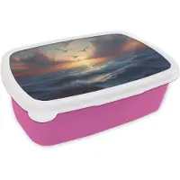 MuchoWow Broodtrommel Roze - Lunchbox Meeuwen - Zonsondergang - Zee - Wolken - Brooddoos 18x12x6 cm - Brood lunch box - Broodtrommels voor kinderen en volwassenen