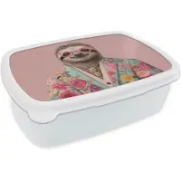 MuchoWow Broodtrommel Wit - Lunchbox Luiaard - Bloemenprint - Bril - Roze - Brooddoos 18x12x6 cm - Brood lunch box - Broodtrommels voor kinderen en volwassenen