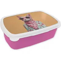 MuchoWow Broodtrommel Roze - Lunchbox Zonnebril - Kat - Sjaal - Bloemen - Brooddoos 18x12x6 cm - Brood lunch box - Broodtrommels voor kinderen en volwassenen