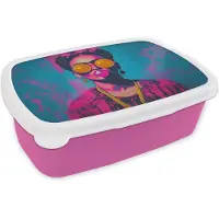MuchoWow Broodtrommel Roze - Lunchbox Vrouw - Kauwgom - Zonnebril - Oranje - Brooddoos 18x12x6 cm - Brood lunch box - Broodtrommels voor kinderen en volwassenen