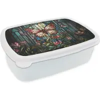 MuchoWow Broodtrommel Wit - Lunchbox Vlinder - Roze - Bloemen - Bladeren - Brooddoos 18x12x6 cm - Brood lunch box - Broodtrommels voor kinderen en volwassenen