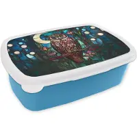 MuchoWow Broodtrommel Blauw - Lunchbox Uil - Mozaïek - Maan - Nacht - Brooddoos 18x12x6 cm - Brood lunch box - Broodtrommels voor kinderen en volwassenen