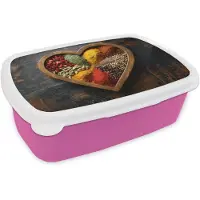 MuchoWow Broodtrommel Roze - Lunchbox Houten - Hart - Kleurrijke - Specerijen - Brooddoos 18x12x6 cm - Brood lunch box - Broodtrommels voor kinderen en volwassenen