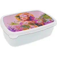 MuchoWow Broodtrommel Wit - Lunchbox Vrouw - Abstract - Cirkel - Bloemen - Brooddoos 18x12x6 cm - Brood lunch box - Broodtrommels voor kinderen en volwassenen