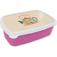MuchoWow Broodtrommel Roze - Lunchbox Oranje - Theepot - Bloemen - Bladeren - Brooddoos 18x12x6 cm - Brood lunch box - Broodtrommels voor kinderen en volwassenen
