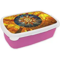 MuchoWow Broodtrommel Roze - Lunchbox Mozaïek - Zon - Geel - Cirkel - Brooddoos 18x12x6 cm - Brood lunch box - Broodtrommels voor kinderen en volwassenen