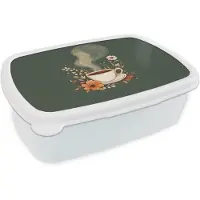 MuchoWow Broodtrommel Wit - Lunchbox Kop - Bloemen - Groen - Koffie - Brooddoos 18x12x6 cm - Brood lunch box - Broodtrommels voor kinderen en volwassenen