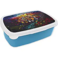 MuchoWow Broodtrommel Blauw - Lunchbox Stad - Maan - Mozaïek - Kleurrijk - Brooddoos 18x12x6 cm - Brood lunch box - Broodtrommels voor kinderen en volwassenen